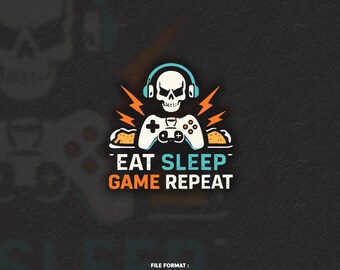 Eat Sleep Game Repeat Skull Gamer SVG PNG – Cyfrowe pobieranie projektu koszulki z cytatem gracza – Gamer Clipart Controller Graphic