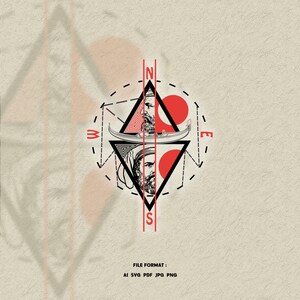 May include: A symmetrical graphic design with two faces in black triangles, separated by red lines marked N and S. A boat shape sits between the triangles. Red circles and dashed lines complete the design. The text "FILE FORMAT: AI SVG PDF JPG PNG" is at the bottom.