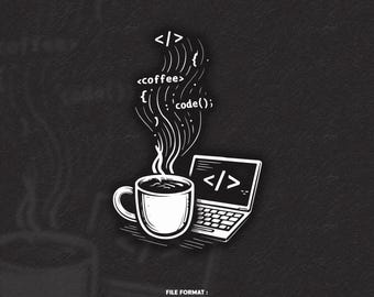 Projekt SVG dla programisty Coffee Code – Ilustracja laptopa z kubkiem do kawy do kodowania – Grafika dla programisty Geek – Plik do druku koszulki z humorem programistycznym