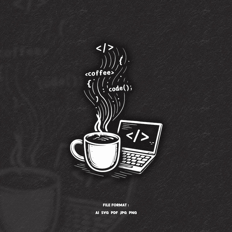 Projekt SVG dla programisty Coffee Code – Ilustracja laptopa z kubkiem do kawy do kodowania – Grafika dla programisty Geek – Plik do druku koszulki z humorem programistycznym zdjęcie 1