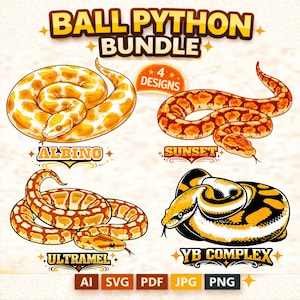 Puede incluir: Un paquete de arte digital con cuatro diseños de pitón bola: Albino, Sunset, Ultramel y YB Complex. Cada diseño muestra un patrón de color diferente de las serpientes. El título "BALL PYTHON BUNDLE" está en la parte superior.