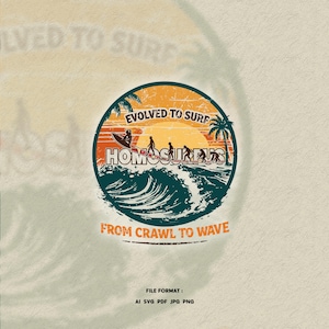Homo Surfus Sunset Surf SVG – Vintage Surfing Evolution Design – Retro Beach Wave Graphic – Funny Surfer Art (Digital Download)