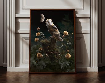 Barn Owl Moon Wall Art Print – Botanical Night Sky, Moody Decor (Unframed)