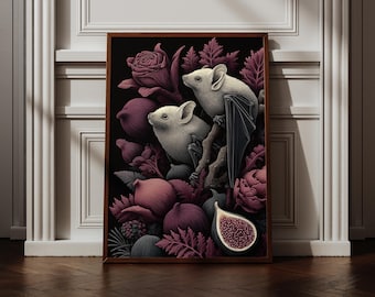 The Fig Thieves – Bat Art Print | Gothic Botanical Wall Art | Floral Poster | Dark Academia Decor