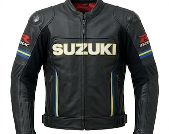 メンズ用ハンドメイド スズキ GSX-R ブラックレザー レーシングジャケット – ヴィンテージ モーターサイクル バイカースタイル