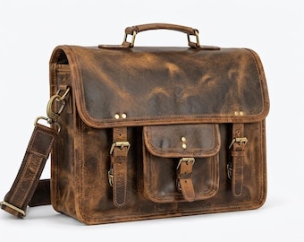 Handmade Vintage Distressed Leather Messenger Bag for Men | Grain Leather Briefcase | Rustic Laptop Satchel Travel Office Bag
