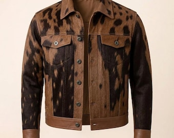 Chaqueta vaquera de piel de vaca marrón con pelo, estilo western, hecha a mano, de cuero genuino, para hombre y mujer.