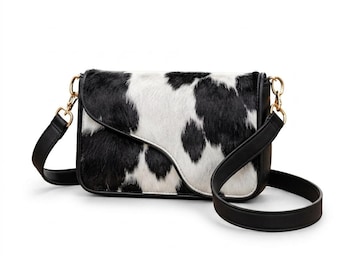 Bolso bandolera de piel de vaca hecho a mano en blanco y negro / Bolso de piel auténtica con pelo / Bolso de hombro estilo western / Bolso de mano minimalista de piel