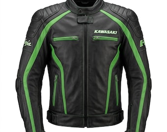 Chaqueta de moto de cuero genuino Kawasaki negra y verde hecha a mano para hombre – Estilo motociclista con armadura protectora