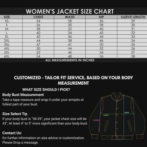 Puede incluir: Tabla de tallas de chaquetas para mujer con medidas en pulgadas. La tabla incluye tallas XS a 6XL, detallando medidas de pecho, cintura, cadera y largo de manga. Texto adicional proporciona orientaci&oacute;n sobre la medici&oacute;n del busto y la selecci&oacute;n de tallas.
