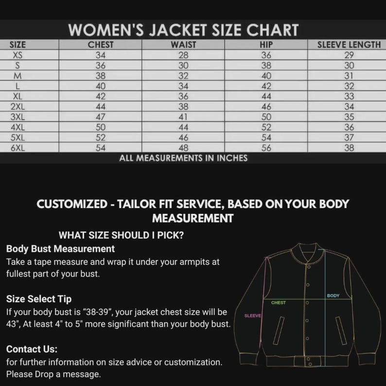 Puede incluir: Tabla de tallas de chaquetas para mujer con medidas en pulgadas. La tabla incluye tallas XS a 6XL, detallando medidas de pecho, cintura, cadera y largo de manga. Texto adicional proporciona orientaci&oacute;n sobre la medici&oacute;n del busto y la selecci&oacute;n de tallas.