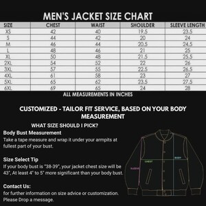 Puede incluir: Un gr&aacute;fico en blanco y negro titulado "MEN'S JACKET SIZE CHART" con medidas en pulgadas. El gr&aacute;fico incluye tallas XS a 6XL, medidas de pecho, cintura, hombros y largo de manga. Texto adicional proporciona orientaci&oacute;n sobre la medici&oacute;n del busto y la selecci&oacute;n de tallas.