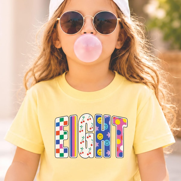 8 Year Old Birthday Shirt, Eight Birthday Girl Tee, Retro Preppy 8th Birthday Party Shirt, Gift for 8 Year Old Girl