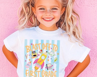 Blast Off to First Grade T Shirt, First Day of School T Shirt, Personalized 1st Grader Girl Tee, Custom Back to School Gift Kids Outfit