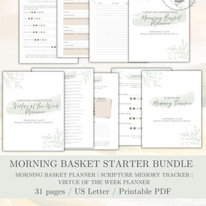 May include: A bundle of printable PDF planners with a Christian homeschool theme. The bundle includes a Morning Basket Planner, Scripture Memory Tracker, and Virtue of the Week Planner. The pages are US Letter size and feature a soft green and white color scheme.