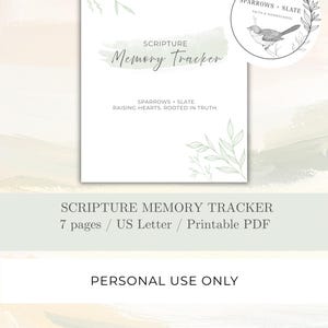 Può includere: Un documento stampabile Scripture Memory Tracker bianco con illustrazioni di foglie verdi, un logo circolare con un passero e il testo: SCRIPTURE Memory Tracker, SPARROWS + SLATE RAISING HEARTS. ROOTED IN TRUTH. SCRIPTURE MEMORY TRACKER 7 pages / US Letter / Printable PDF PERSONAL USE ONLY.