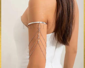 Pulsera de brazo superior con borla de diamantes de imitación en capas – Brazalete de cadena para mujer