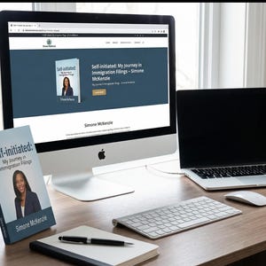May include: A home office setup with a book titled "Self-initiated: My Journey in Immigration Filings" by Simone McKenzie, a computer monitor displaying a website with the same book cover, a laptop, keyboard, mouse, and a small potted plant.