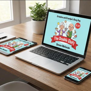 May include: A laptop, tablet, and smartphone display the cover of a book titled "The Double Shift" by Simone McKenzie. The cover art features an elderly couple. A coffee mug and a notebook with a pen are also on the wooden desk.