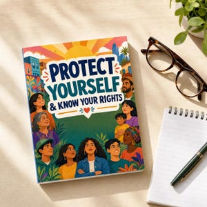 Könnte beinhalten: Ein Hardcover-Buch mit dem Text "PROTECT YOURSELF & KNOW YOUR RIGHTS" auf dem Cover. Das Cover zeigt Illustrationen verschiedener Menschen, Gebäude und einer Sonne. Das Buch liegt auf einer hellen Holzoberfläche, neben einer Brille, einem Notizblock und einem Stift.