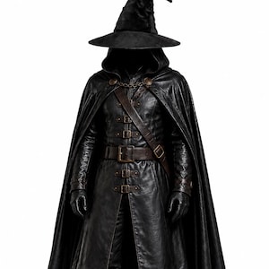 以下が含まれることがあります： 黒いレザー調のロングコートと共布のフード付きマント。前面にはブロンズ調のバックル付きストラップが複数あしらわれ、幅広のベルト、ダークカラーの手袋、ロングブーツ、つばの広いとんがり帽子を組み合わせた全身の衣装セット。