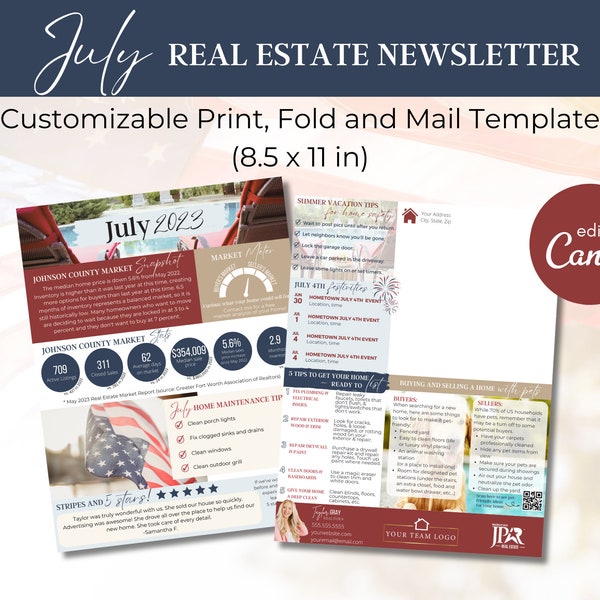 July 2023 Real Estate PRINT, FOLD and MAIL Newsletter Template | Summer | Realtor News | Canva Template