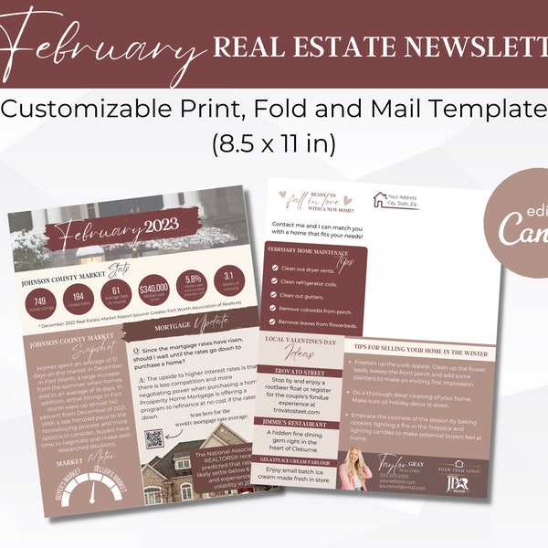 February 2024 Real Estate PRINT, FOLD and MAIL Newsletter Template | Valentine's Day | Realtor News | Canva Template