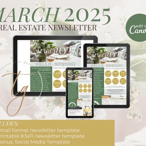 Plantilla de boletín de noticias de bienes raíces de marzo de 2025 / Noticias de agentes inmobiliarios / Plantilla de Canva / Imprimible / Correo electrónico / Actualización del mercado / Primavera