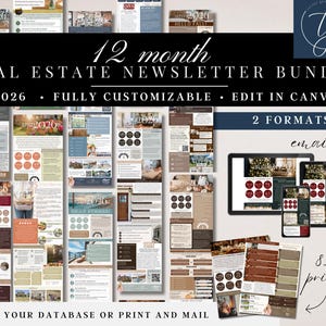 Peut inclure: Ensemble de newsletters immobilières pour 2026, entièrement personnalisable et modifiable dans Canva. Comprend 12 mois de modèles en deux formats : e-mail et imprimable 8,5x11 pouces. Thèmes immobiliers.