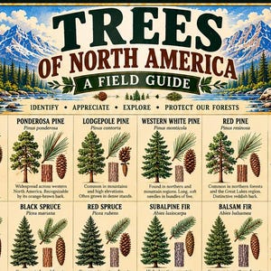 May include: A Trees of North America field guide poster featuring a grid of various tree species with illustrations of their leaves, bark, and cones. The top displays a mountain landscape with an eagle, while the bottom includes identification tips.