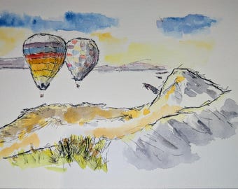 Globos aerostáticos, arte original, 6x9 pulgadas.