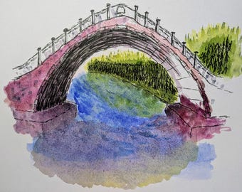 Puente peatonal colorido, Bellas Artes, ORIGINAL, 9x12".