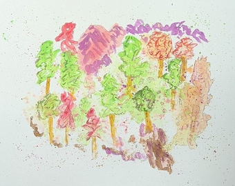 Bosque abstracto, arte original, 9x12".