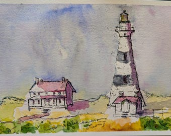 Ink and Watercolor Bodie Island Lighthouse Painting 6x9"
