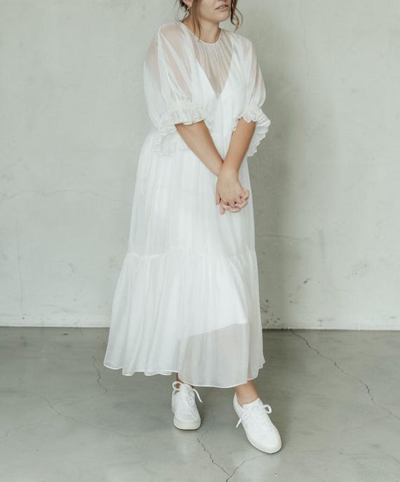 sheer white dress flowy Sheer Organza White Midi Wedding Dress, Puff Sleeve Flowy Dress, Plus Size  Bridal Dress, Cocktail Party Dress, Loose Fit Flowy Coverup Gown