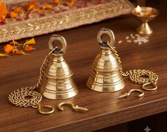 Brass Wall Hanging Bell with Chain and Hook for Home Mandir Temple Decorative Puja Room Pack of 2 Nos, 2.5 Inch