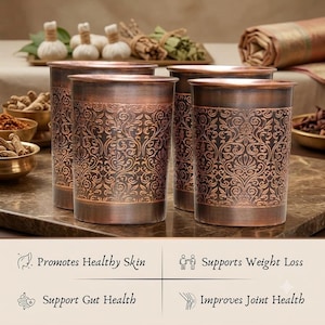 Set med 4 glas i ren koppar med presentask, 250 ml, handgjorda ayurvediska glas, antika präglade dricksglas för hemmabruk