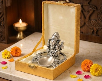 Aluminium Ganesha Idol with Diya Stand in Golden Gift Box, Silver Finish Standard Size Hindu God Statue for Home Decor and Pooja