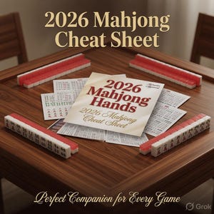 May include: A wooden table displays a Mahjong game setup. The image features red and white tiles, along with printed cheat sheets. The text on the sheets reads "2026 Mahjong Hands" and "2026 Mahjong Cheat Sheet".