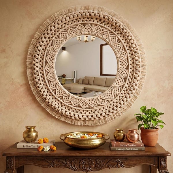 Off-white handgemaakte katoenen macramé wandspiegel van glas, 45 cm rond, boho-stijl, voor woonkamer en slaapkamer.