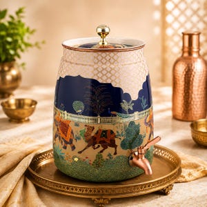 May include: A cylindrical beverage dispenser with a gold-toned lid and a copper-coloured spigot. The exterior features a multi-coloured design with a cream-coloured top, a deep blue middle section with peacocks, and a tan base with elephants and camels.