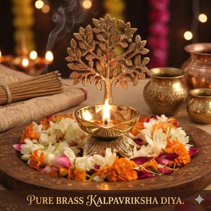 Puede incluir: Un diya Kalpavriksha de latón, una lámpara de aceite india tradicional, con un diseño en forma de árbol. La lámpara está encendida, rodeada de flores e incienso. El texto "Pure Brass Kalpavriksha Diya" está en la parte inferior. El fondo es borroso con iluminación cálida.