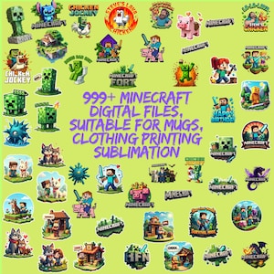 Puede incluir: Una colección de archivos digitales con temática de Minecraft, adecuados para tazas y sublimación de ropa. La imagen presenta varios diseños de personajes, logotipos y elementos de texto, incluyendo "Chicken Jockey" y "Steve's Lava". El texto dice "999+ Minecraft Digital Files".