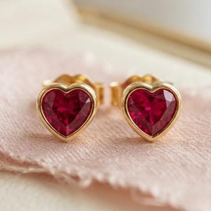 Ruby Heart Stud Earrings, Gold Plated 925 Sterling Silver, Christmas Gift for Her