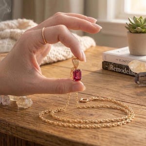 Ruby Pendant Necklace Gold Plated, 10x8mm Radiant Cut Ruby, Sterling Silver Pendant, Minimalist Ruby Jewelry, Anniversary Gift