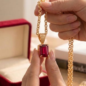 Ruby Pendant Necklace Gold Plated, 10x8mm Radiant Cut Ruby, Sterling Silver Pendant, Minimalist Ruby Jewelry, Anniversary Gift