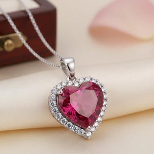Heart Cut Ruby Pendant | 925 Sterling Silver Halo Necklace (12x12mm)
