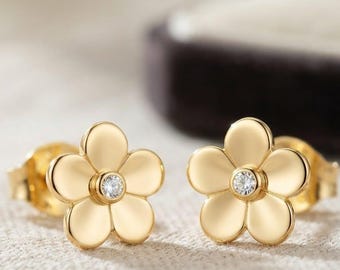 Pendientes de moissanita, pendientes de flores en plata de ley 925 chapada en oro, pendientes de margarita, pendientes minimalistas, regalo de aniversario