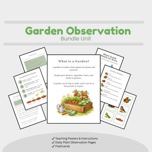 May include: A collection of educational garden-themed printables. The title "Garden Observation Bundle Unit" is displayed in green. Included are teaching posters, daily plant observation pages, and flashcards. The image shows illustrations of garden helpers, germination stages, and what seeds need to grow.