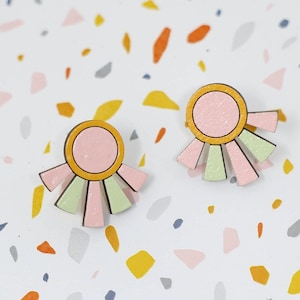 Art Deco Stud Earrings: Hand-Painted Wood, Hypoallergenic
